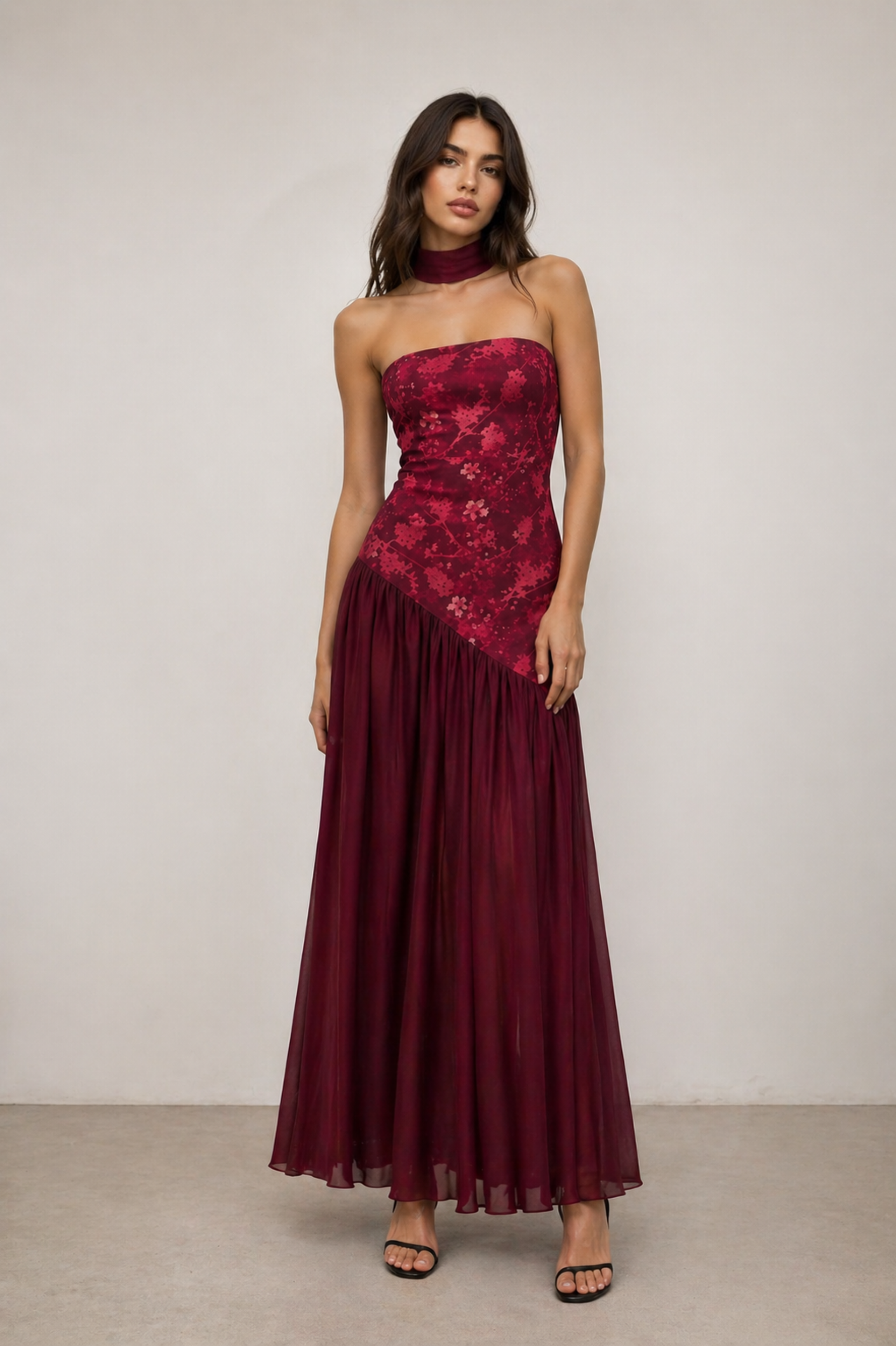 Vestido largo palabra de honor estampado