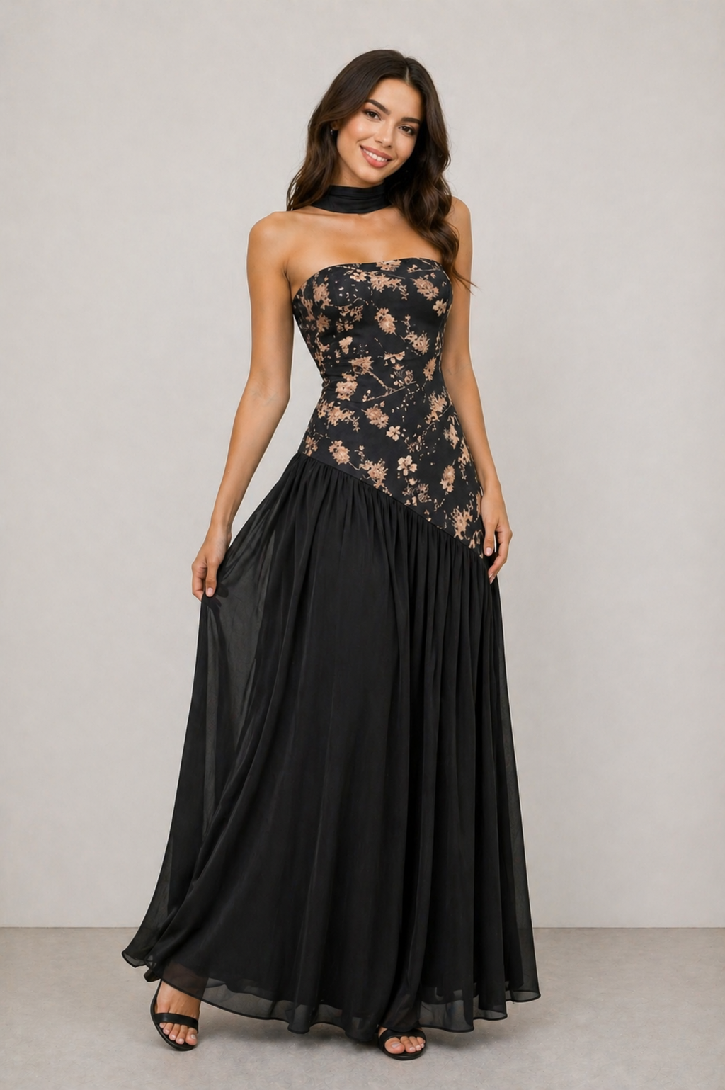 Vestido largo palabra de honor estampado